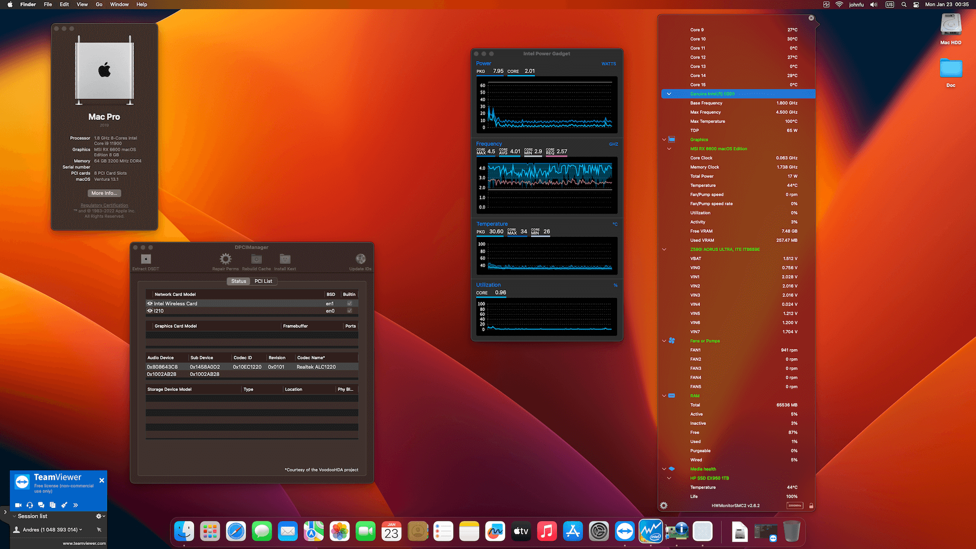 Success Hackintosh macOS Ventura 13.1 Build 22C65 in Gigabyte Z590I Aorus Ultra + Intel Core i9 11900 + MSI RX 6600